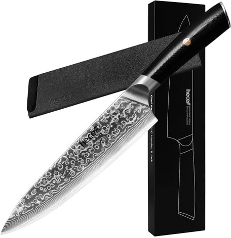 hecef Coltello Giapponese, 20 cm Coltello da Chef Professionale con Manico Ergonomico in G10 e Rivetti in Rame, 67 Strati VG10 Coltello Damasco con Fodero Protettivo Della Lama