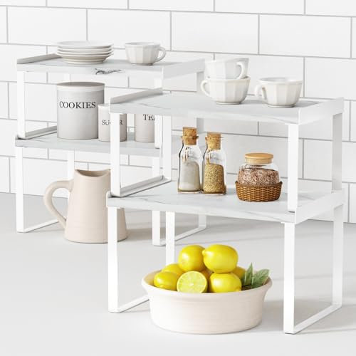 Goozii Counter Shelf Organizer Set of 4, Pantry Shelf Risers for Plates Dishes Cups Mugs Spices, Pantry Cupboard Cabinet Organizers and Storage Shelves Rack Insert for Countertop (White)