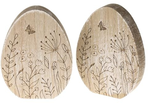 MACOSA HN68127_x2 Deko-Eier 2er Set Holz 12 cm Osterei Braun florales Muster Osterdeko Holzei Holzosterei Oster-Dekoration Tischdeko Deko-Figur Ostern Osterdekoration