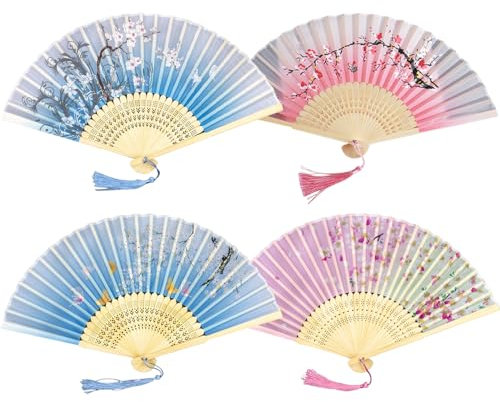 Handfächer, 4 Stück Handheld Faltfächer, Fächer Hochzeit, Faltbare Fächer, Hand Fan Asiatische Deko, Holz Geschnitzten Bambus Handheld Faltfächer für Geburtstagsgeschenke Tanzen Cosplay Hochzeit Party