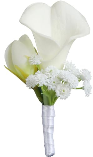 Fouriding Künstliche Weiße Calla Lily Boutonniere für Hochzeit Bräutigam Trauzeuge Braut Brautjungfer Corsage Anzug für Hochzeit Party Prom Event Zeremonie Jahrestag
