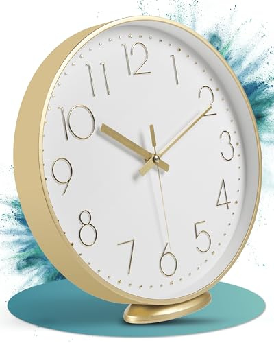 LATENO - Wanduhr Gold - 30 cm - Ohne Tickgeräusche - Analoge Uhr zum Aufhängen & Hinstellen - Große Lautlose Moderne Wanduhr für Wohnzimmer