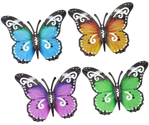 RESTALLADNWEST 4 PCS Large Metal Butterfly Garden Ornaments Outdoor, Metal Wall Art Big Butterfly Decorations for Outside Garden Shed Fences Yard Decorations Wall Hanging（27 * 22CM）