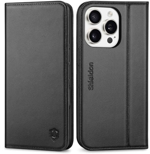 SHIELDON Echtleder Hülle für iPhone 16 Pro 6,3 5G 2024, Schwarz | Kartenfach, Standfunktion, RFID Blocker, Stoßfest, Magnete Schutzhülle, Verdichtetes TPU, Handyhülle, Lederhülle