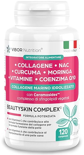 Vibor 120 Cps Beauty Skin Complex 10 in 1 Integratore Pelle Donna Uomo Con Collagene Marino Idrolizzato, Ceramosides, NAC, Curcuma, Moringa, Coenzima Q10, Pelle Luminosa, Antietà, Made In Italy