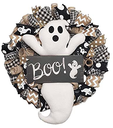 Halloween White Ghost Wreath Cute Cartoon Boo Ghost Doll Front Door Wreath for Halloween Decoration Outdoor Indoor (White, 40cm*40cm)