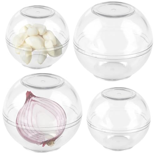 4 Stück Zwiebeldose Frischhaltekugeln: Zwiebeldose für Zwiebeln, Knoblauch, Transparent Zwiebeldose aus Kunststoff, Zwiebel Aufbewahrung, 7 & 9 cm Ø, Frischhaltekugeln, Knoblauch Aufbewahrung