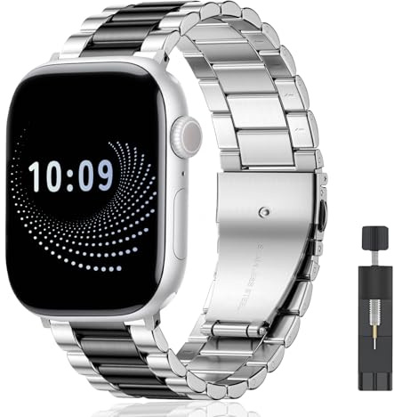 AiiBowy Metallarmband för Apple Watch, Rostfritt stål, Silver svart, 42/44/45/46/49mm, Klassisk design, Viklås, Kompatibelt med Apple Watch Series 1-10, Ultra, SE