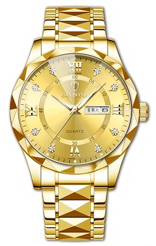 Gosasa Luxury Men's and Women's Business Diamond Stainless Steel Waterproof Roman Numeral Analog Quartz Watch with Day-Date Calendar, Gold and Silver Tone (All Gold, Men)