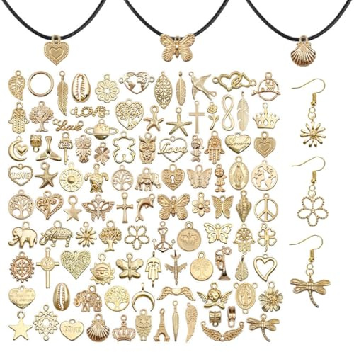 VYZUTR 100 Stück Charms Anhänger Gold, zum Schmuck Basteln, Gemischte Anhänger Kette und Vintage Aesthetic, Armbänd Ohrringe Halskette