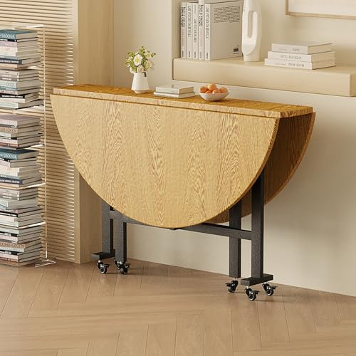 Esstisch aus Holz mit Tropfenblatt und 6 Rollen, runder Küchentisch für Abendessen, Bürotisch oder Ausziehtisch, zusammenklappbar und vielseitig, originelles Holzmuster, 100 cm
