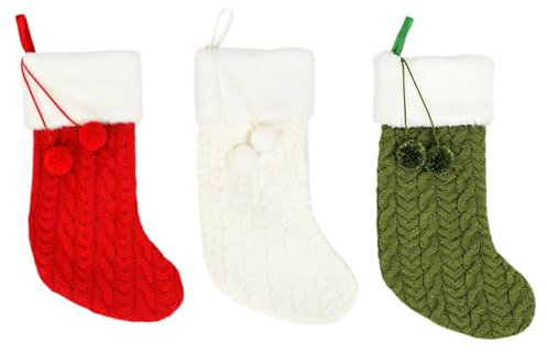 Set mit 3 gestrickten Weihnachtsstrümpfen, groß, 22,6 x 40,5 cm, mit Pompons, Urlaubsdekorationen für Zuhause, Baum, Kamin, Party, Aufhängeschlaufe im Lieferumfang enthalten
