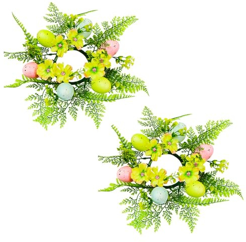 Skeadex Osterdeko Kerzenringe, 2 Stück Kerzenkranz Ostern Kerzenring Osterkranz Tisch Kerzenkranz für Stumpenkerzen Künstliche Frühlingskranz mit Ostereier Kerzenkränze Blumenkranz für Tischdeko (03)