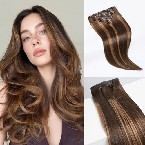 LUVME Straight Seamless 110g 7Pcs Clip in Hair Extensions Full Max with 20inch Remy Human Hair Extensions, Highlight Color 100% Real Soft