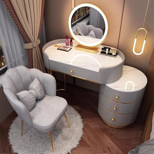 MiaJJooLi Toilette Trucco Tavolo da toeletta con sedie e specchio a LED, tavolo da toeletta con cassetti, camera da letto, cassettiera, contenitore per ragazze