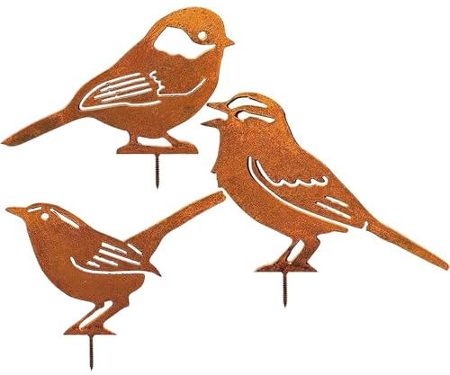 Voarge Decorazione per uccelli arrugginiti, 3 pezzi, in metallo arrugginito, decorazione da giardino, effetto ruggine con filettatura a vite, in metallo per uccelli, decorazione da giardino