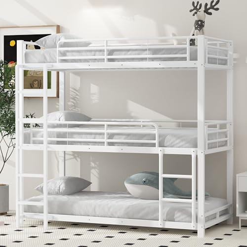 NovaFurnish Bettgestell Metallbett, 90x200cm, Etagenbett, Eisenbett, Dreifach-Etagenbett für Kinder, Jugendliche und Erwachsene, Weiß