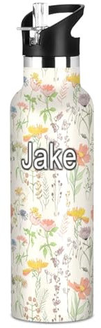 Benutzerdefinierte Name Kinder Wasserflasche mit Strohhalm, Wasserflasche aus Edelstahl für Reisen oder Schule, 590 ml, BPA-frei, Wildblumen Wiesenpflanzen