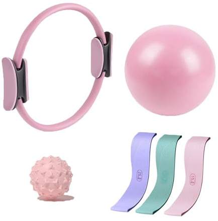 Generisch Pilates Ring Set, 14 Magic Circle, Resistance Bands, Soft Pilates Ball, Yoga Massage Ball, Home Workout Equipment for Women & Beginners to Tone, Flexibility & Core Strength (pink)