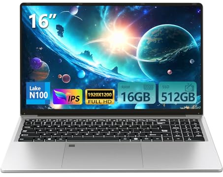 16 Pouces Ordinateur portable 16Go RAM 512Go SSD Celeron N100 (jusqu'à 3,4 GHz) processeur Clavier Rétroéclairé FHD Déverrouillage par Empreinte Digitale Wi-Fi/BT Win 11 Pro pour étudiants et bureaux.