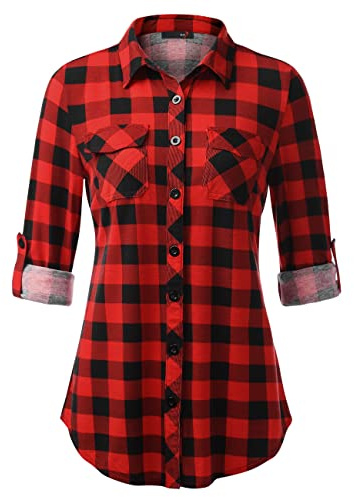 DJT Womens Soft Stretchy Knit Plaid Shirts Roll Up Long Sleeve Collared Button Down Ladies Blouses Work Tops Red-Black XL