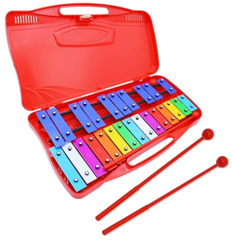 25 Note Chromatic Glockenspiel Xylophone in Red Case, Xylophone with Black/White Keys & Two Plastic Beaters for Kids Adults, Musical Drum Percussion for Instrument Educational Music Learning (Red)