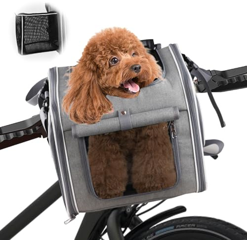 Cestino per cani 4 in 1 con 4 aperture, finestre a rete e protezione antipioggia, cestino per bicicletta per cani e gatti di piccola taglia fino a 10 kg (grigio)