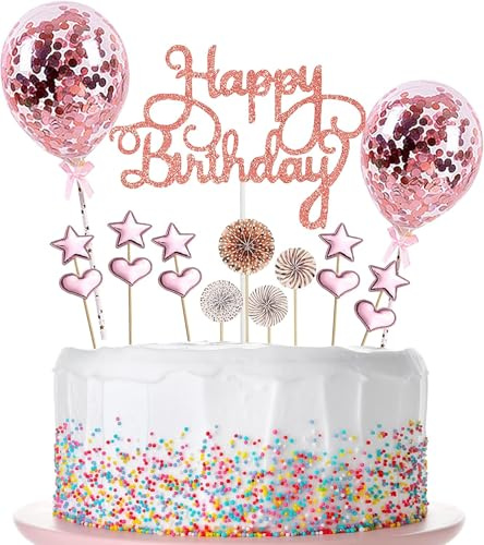 Tortendeko Rosegold 17 Stück, Happy Birthday Cake Topper, Sterne Herz Cupcake Tortenstecker für Geburtstag Dekoration Mädchen Junge