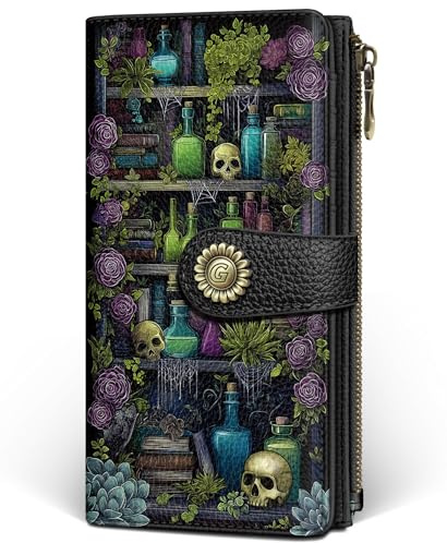 GIANCOMICS Goth Book Shelf Womens Wallet RFID Blocking, Gothic Skull Witchy Credit Card Holder Bifold, PU Leather Travel Billfold, Long Cute Cash Purse, Zipper Coin Pocket Clutch, Ladies Gift Woman