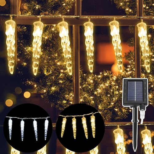 ISOISL Solar Lichterkette Eiszapfen, 10m mit 80 warmweißen Eis-Lichtern, Fernbedienung, 8 Modi & Timer, Wasserdicht für Winterliche Außendeko an Weihnachten, Garten, Terrasse & Hochzeit