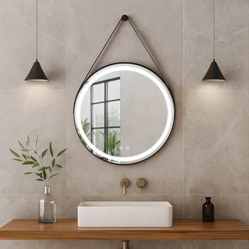 AllRight Badspiegel mit Beleuchtung Rund 50cm–LED Badezimmerspiegel mit 3 dimmbaren Lichtfarben, Antibeschlag, Touchschalter, Memory-Funktion & Autoabschaltung, Abnehmbarem Lederband (50cm Gürtelstil)
