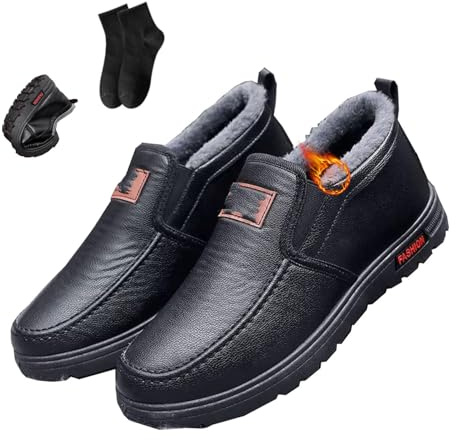 POIOZXD Botas de invierno de cuero para hombre, impermeables, antideslizantes, cálidas, cómodas, ligeras, sin cordones, de algodón, térmicas, con forro de piel cálida, para el trabajo, caminar, papá