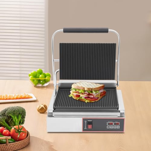 Barbacoa de mesa eléctrica, sandwichera, parrilla de contacto con indicador LED y bandeja recogegrasa, sobre una función de protección contra sobretemperatura, puede temperatura y temporizador, 43 ×
