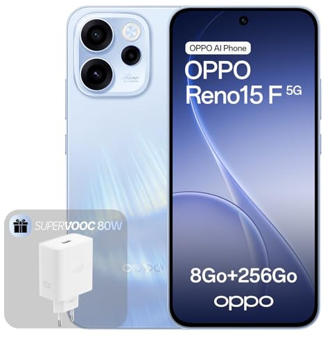 OPPO Reno15 F 5G Unlocked Smartphone, 8+256GB, 50MP Ultra-Weitwinkel Selfie Kamera FOV 100°, 6.57 120Hz Display, AI Portrait Glow, 6500mAh Akku, IP69, Aurora Blue (Inkl. 80W SUPERVOOC Ladegerät)