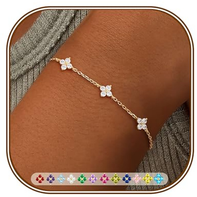 FUNEIA Bracelet Femme Chaine Or En Trefle à 4 Feuilles Réglable Bracelet 18k Plaqué Or En Zircon Cubique Fleur Bracelets Personnalisé Fantaisie Bijoux Cadeau Anniversaire Femmes Fille Copine Maman
