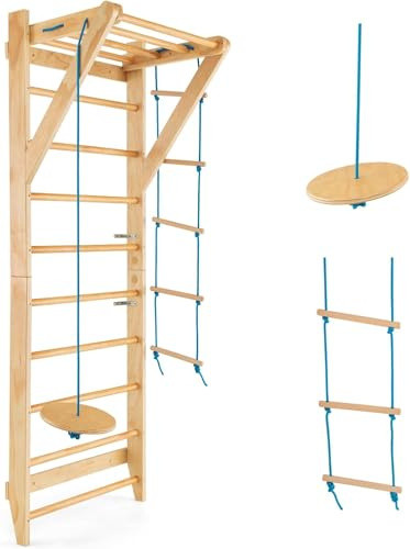 FANTASK Kletterwand Turnwand Holz, Indoor Outdoor Sprossenwand Klettergerüst, Gym Sportgerät, Tragfähigkeit von 100 kg, Natur