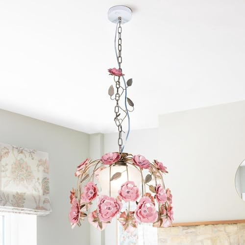 mfanchan 17.7 Inch Pink Rose Flower Chandelier, Modern Glass Pendant Ceiling Light Fixture, Vintage Flush Mount Hanging Lamp for Girls Room Kitchen Island Living Dining Room Foyer