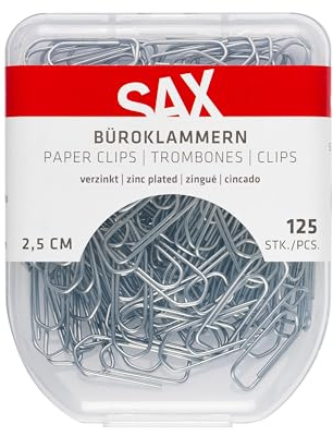 SAX Pappersklämmor 2,5 cm 125 stycken, metallklämmor för dokument papper, plastlåda med säkerhetslås, kontorsmaterial organisering