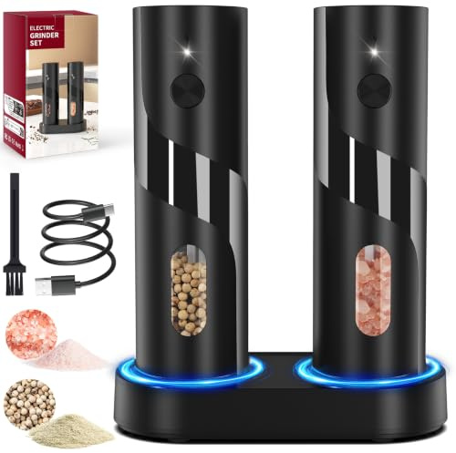 Homtronics Salieres et Poivrieres Electrique,2 Pcs,Type-C,Grande Capacité | avec Socle Recharge,Lumière LED,Grossièreté Réglable,Broyeur en Céramique,Touche Antidérapante,pour Cuisine,Barbecue,cadeaux