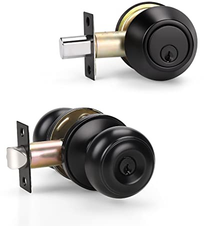 KNOBWELL 1 Pack Keyed Alike Door Knob and Double Cylinder Deadbolt Set, Exterior Door Lock Set, Double Keyed Deadbolt, Black Front Door Knob and Deadbolt