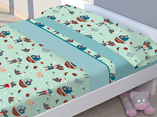 Energy Colors Textil Hogar - Junior - Cama 90 Juego Sábanas 3 Piezas 50% Algodón y Otras Fibras (Piratas Verde)
