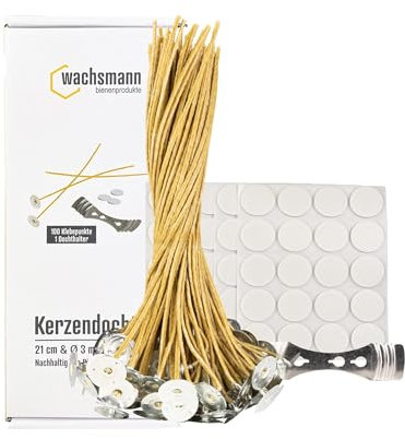 Bienenwachs-Docht aus Hanf – 100 Paraffinfreie Kerzendochte gewachst, Flachdocht 21 cm lang, 3 mm, für Kerzen von 4-7,5 cm Duchmesser, mit Dochthalter & Klebepunkten, Kerzen selber Machen