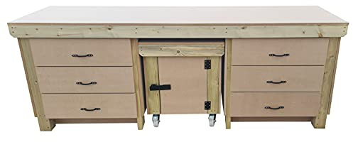 Arbor Garden Solutions Wooden Workbench 18mm MDF Top With Drawers and Functional Movable Lockable Cupboard (7ft)