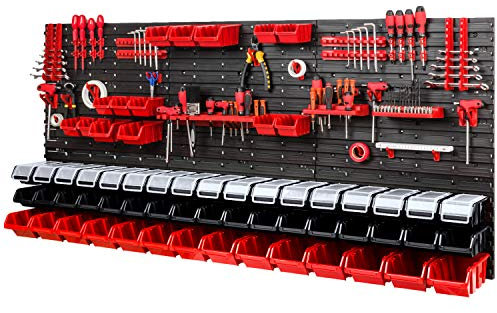 Werkzeugwand – 1728 x 780 mm - Lagersystem SET Lochwand mit Werkzeughaltern und Stapelboxen mit Deckel - Wandregal Werkstattregal Schüttenregal Sichtlagerkästen (Schwarz/Rot)