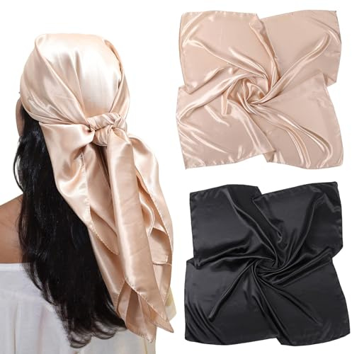 AWAYTR 35” Large Satin Square Head Scarf - 2Pcs Silk Like Floral Head Scarves Square Satin Hair Scarf Bandanas for Women (Solid Color(Black/Camel))