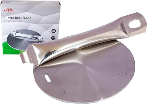 amici Adattatore per Piano Cottura ad Induzione con Manico Removibile - Diffusore Piastra in Accaio Inox - Disco per Ogni Tipo di Pentola o Padella (14 cm)