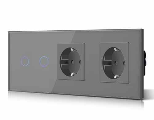 BSEED Interruptor táctil y enchufe pared,Panel de Vidrio con pulsador LED,Conmutador Modernos,Sin Función Wifi,2 Gang 1 Vía+2 Enchufes,228mm Gris