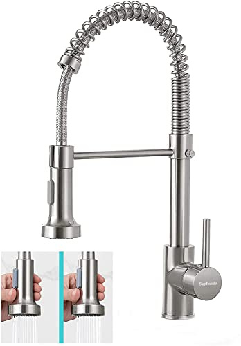 SkyPanda kökskran, Silver borstad kökskran 360 ° roterbar med infällbart sprayhuvud, kopparmaterial, blandare kran med dubbel funktion sprayhuvud (H-borstad silver)