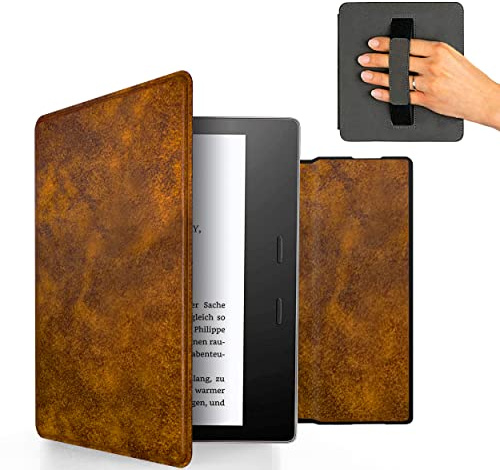 MyGadget Kunstleder Hülle für Kindle Oasis 10 | 9 Generation [ Modell : CW24WI | S8IN4O Release: 2019 | 2017 ] mit Handschlaufe & Auto Sleep | Wake Funktion in Braun