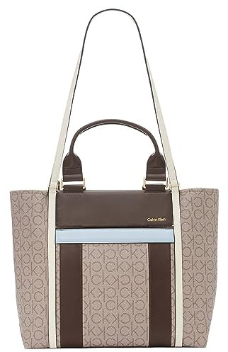Calvin Klein Damen Tote Bag – 2 in 1, Vegan Leather, 5 Pockets Sol Box Tragetasche, Mandel/Taupe/Java/Weiß/Blau